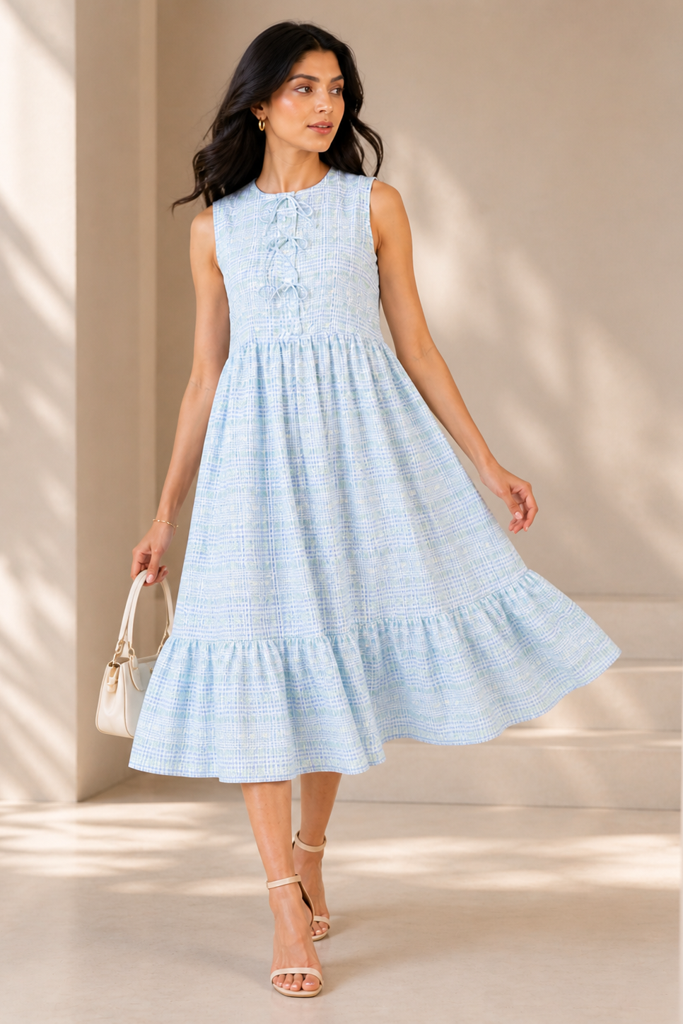 Blue Textured Cotton Midi Dress with Tie-Up Neck | Sleeveless Tiered Summer Dress for Women