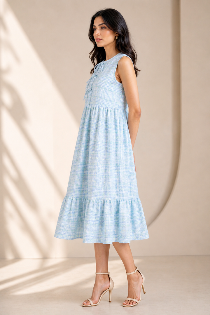 Blue Textured Cotton Midi Dress with Tie-Up Neck | Sleeveless Tiered Summer Dress for Women