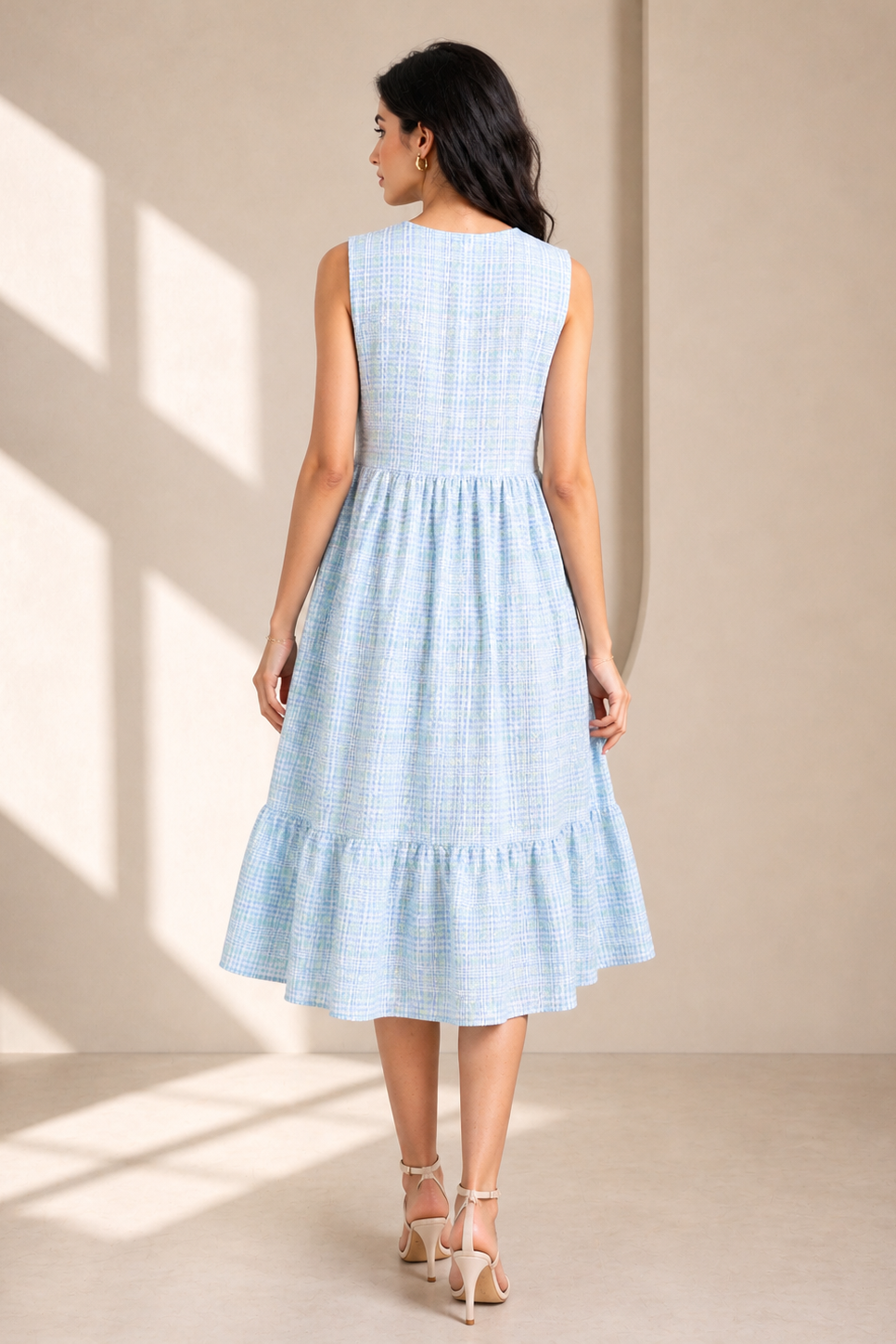 Blue Textured Cotton Midi Dress with Tie-Up Neck | Sleeveless Tiered Summer Dress for Women
