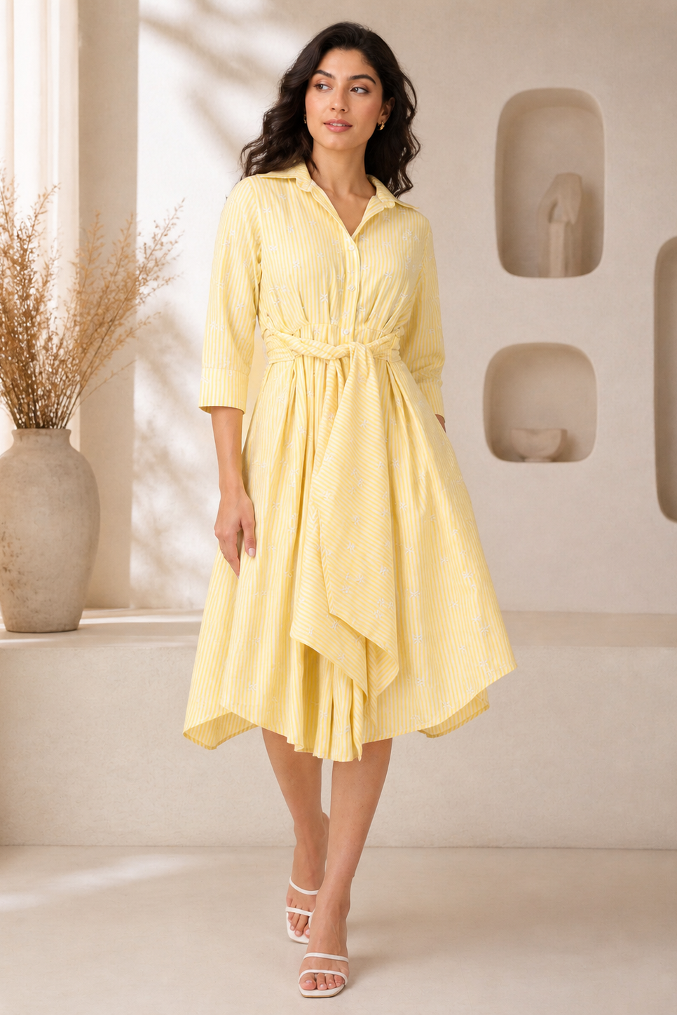 Woman wearing a yellow dress standing in a bright room with decorative vases.