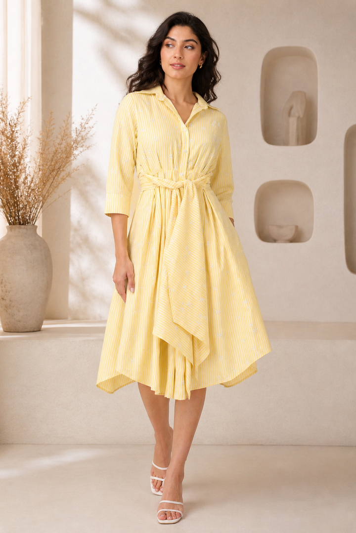 Woman wearing a yellow dress standing in a bright room with decorative vases.