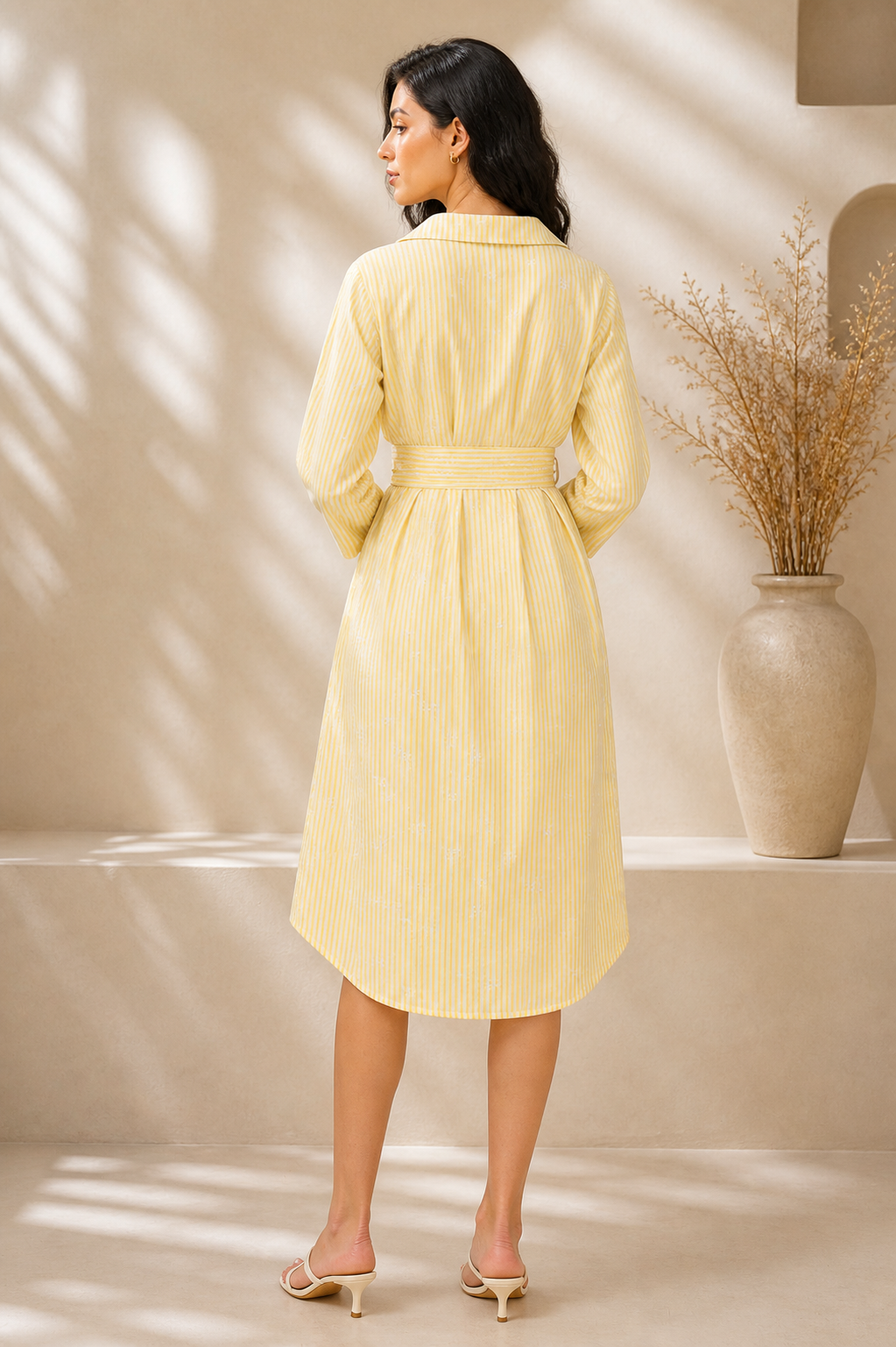 Woman wearing a yellow dress standing in a sunlit room with a vase in the background