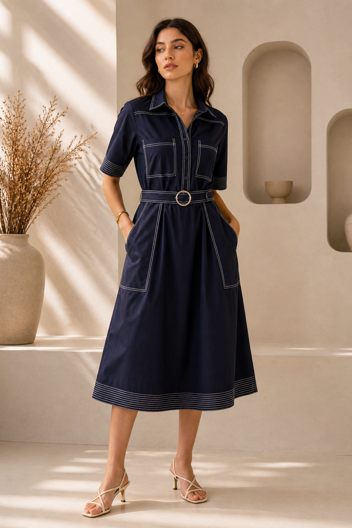 Woman wearing a navy dress in a minimalistic room with neutral decor