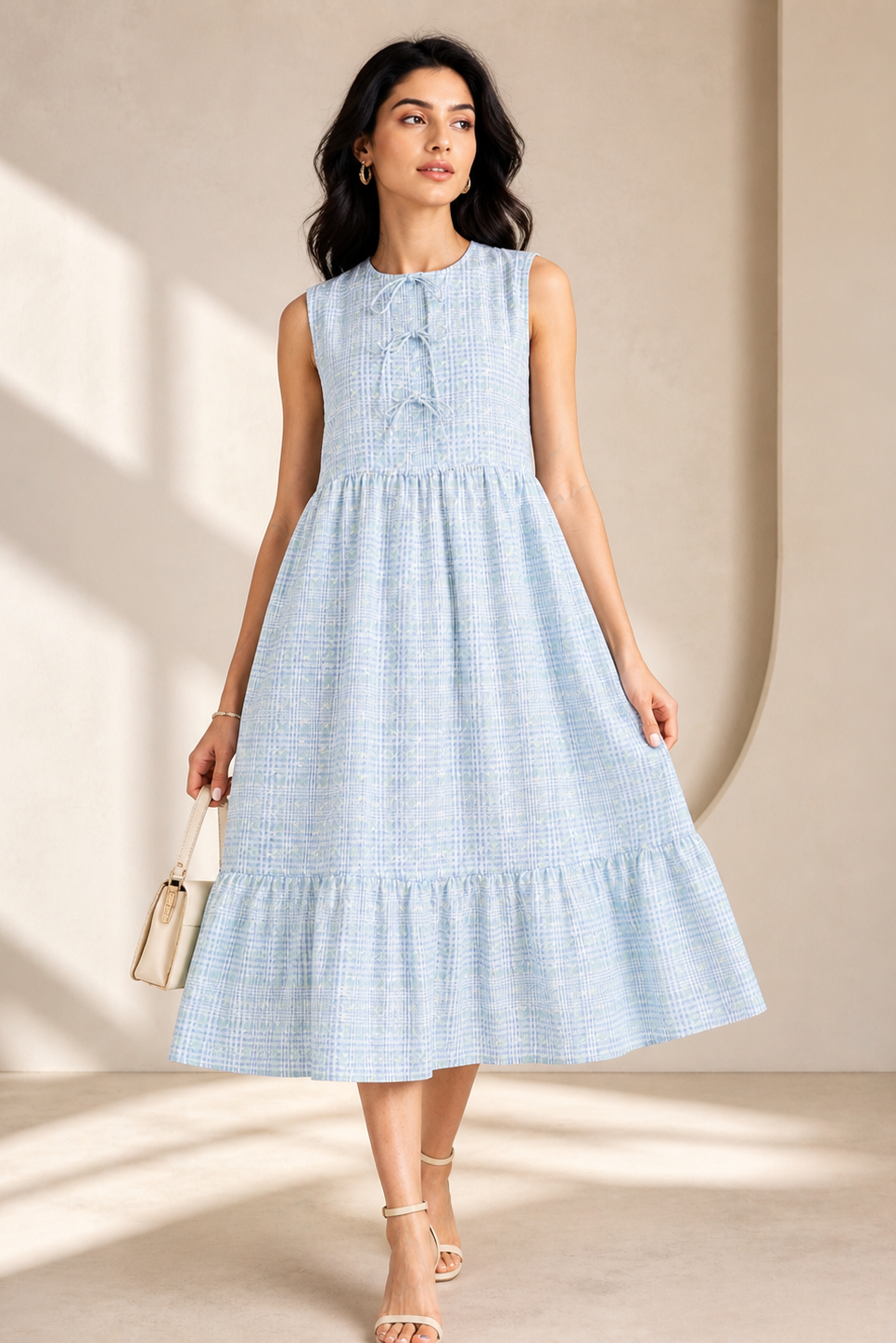 Woman wearing a light blue checkered dress in a sunlit room.