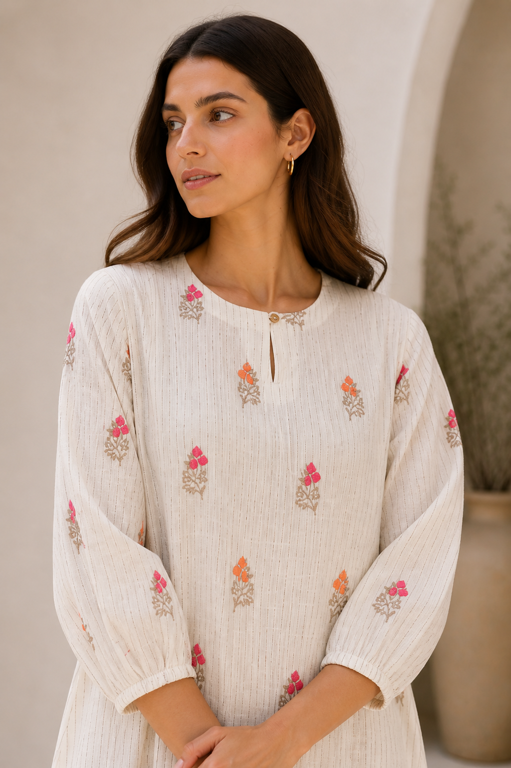 Ivory Stripe Floral Embroidered Day Dress