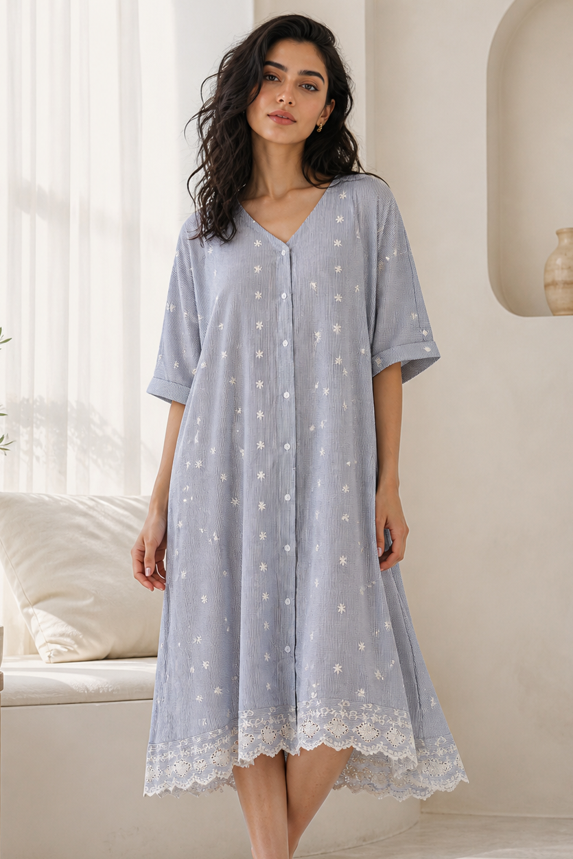 Woman wearing a light blue dress with white polka dots in a bright room.