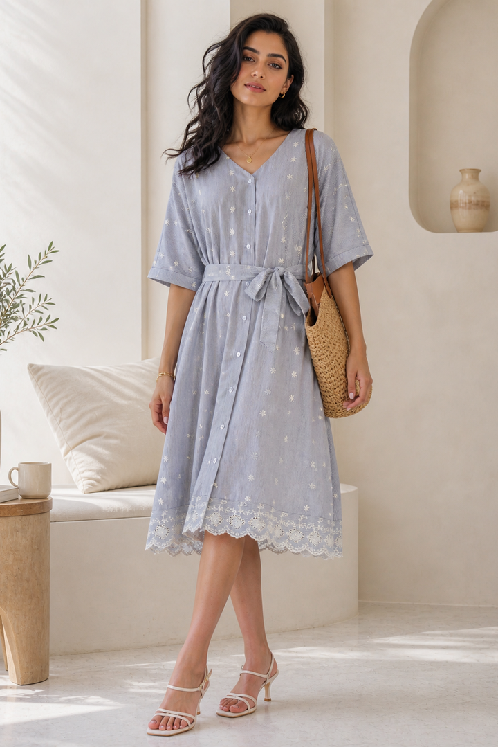 Soft Blue Embroidered Day Dress with Lace Hem