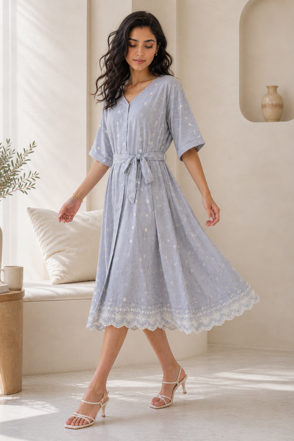 Soft Blue Embroidered Day Dress with Lace Hem