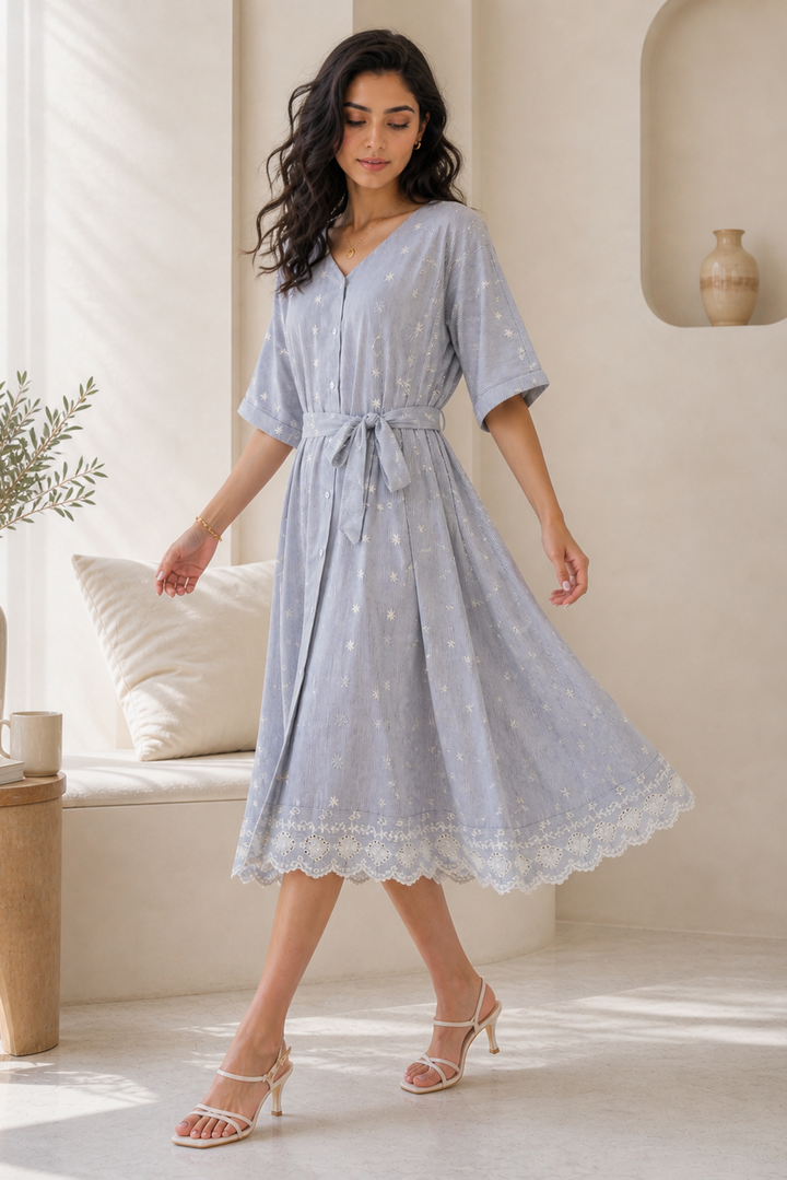 Soft Blue Embroidered Day Dress with Lace Hem