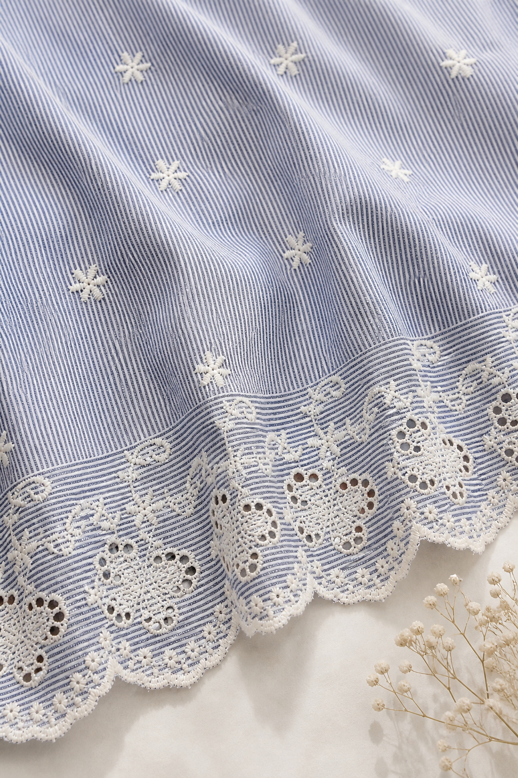 Soft Blue Embroidered Day Dress with Lace Hem