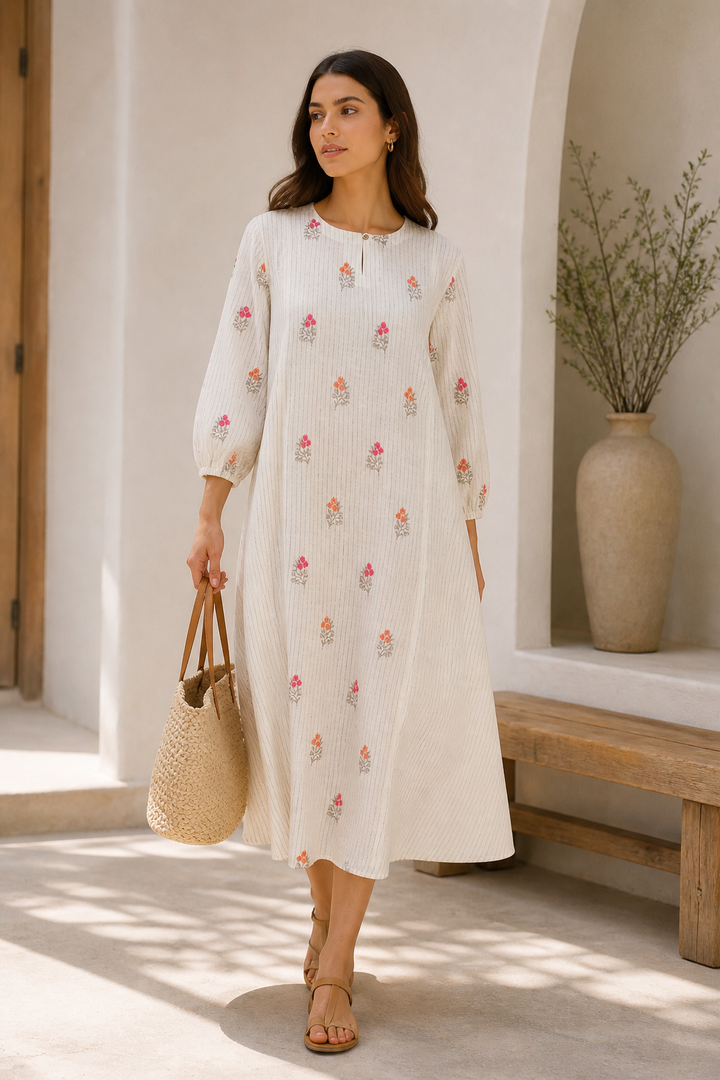 Ivory Stripe Floral Embroidered Day Dress