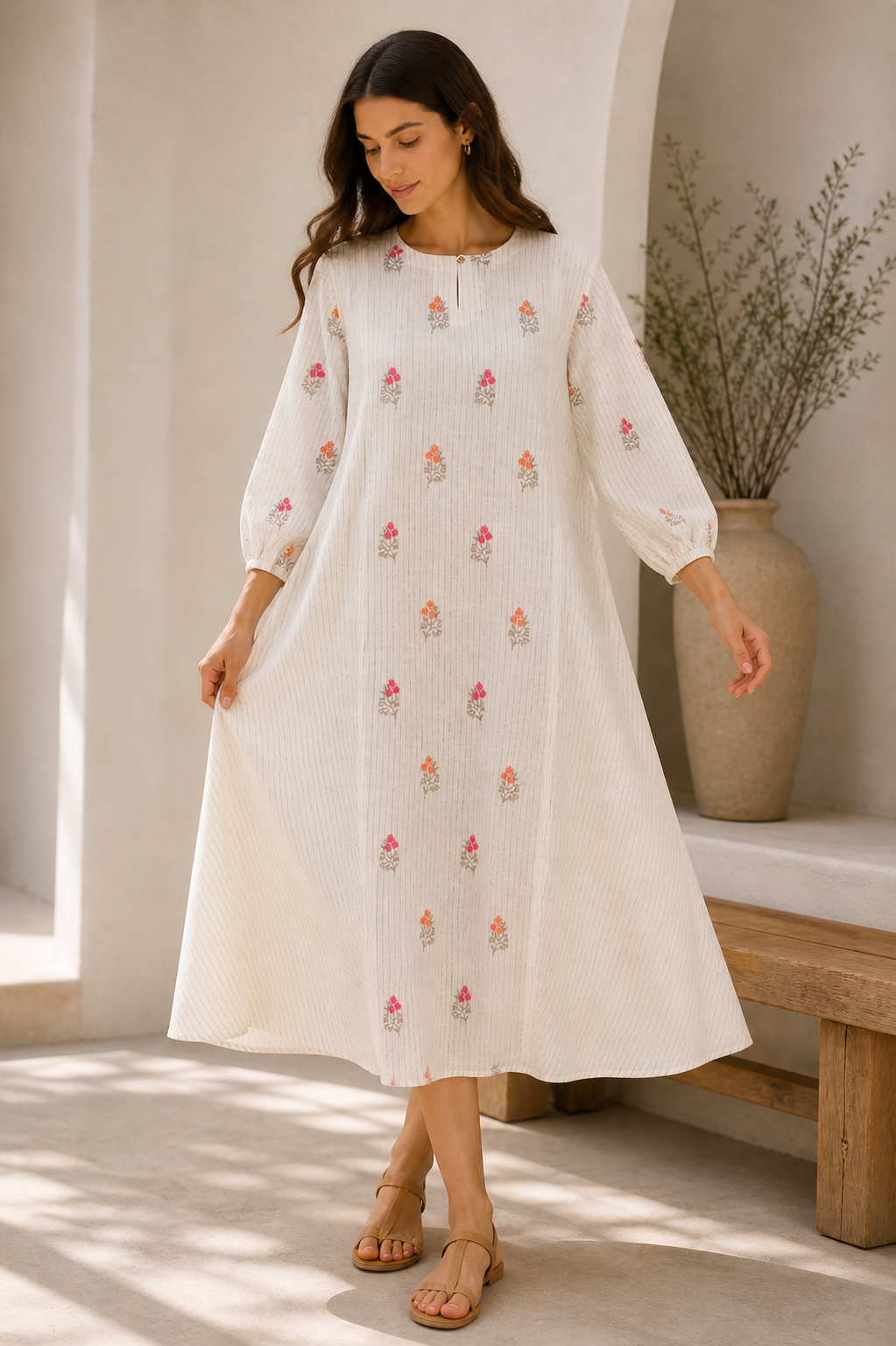 Ivory Stripe Floral Embroidered Day Dress