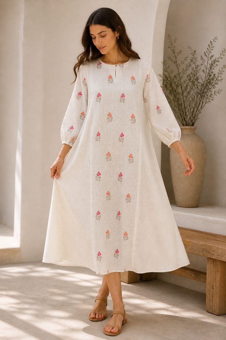 Ivory Stripe Floral Embroidered Day Dress