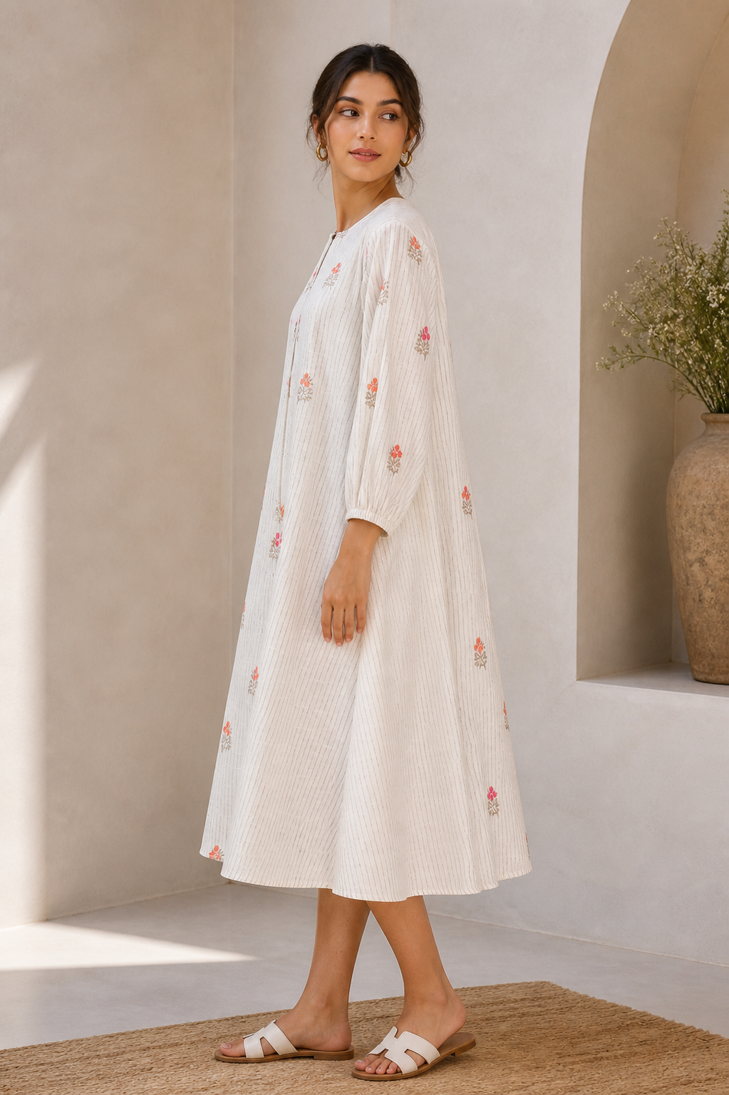 Ivory Stripe Floral Embroidered Day Dress
