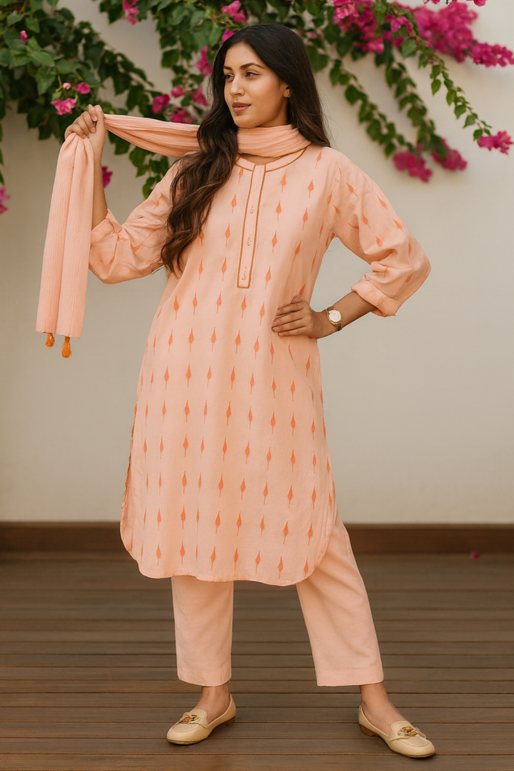 PEACH IKAT KURTA SET WITH DUPATTA