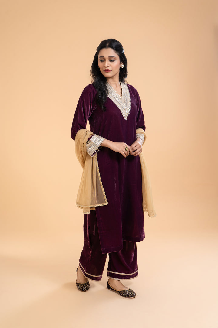 Amara – Deep Plum Velvet Kurta Set with Dupatta, exquisite embroidery