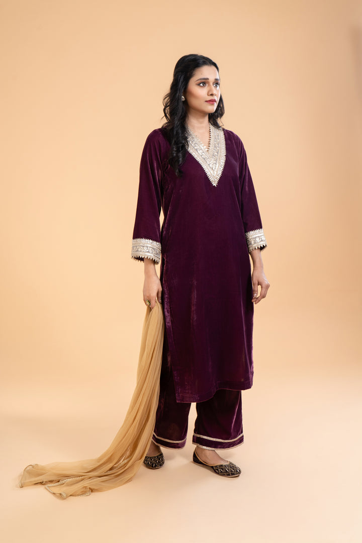 Amara – Deep Plum Velvet Kurta Set with Dupatta, exquisite embroidery