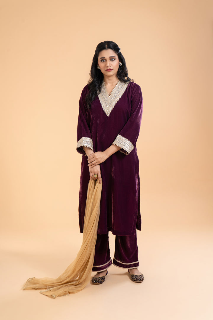 Amara – Deep Plum Velvet Kurta Set with Dupatta, exquisite embroidery