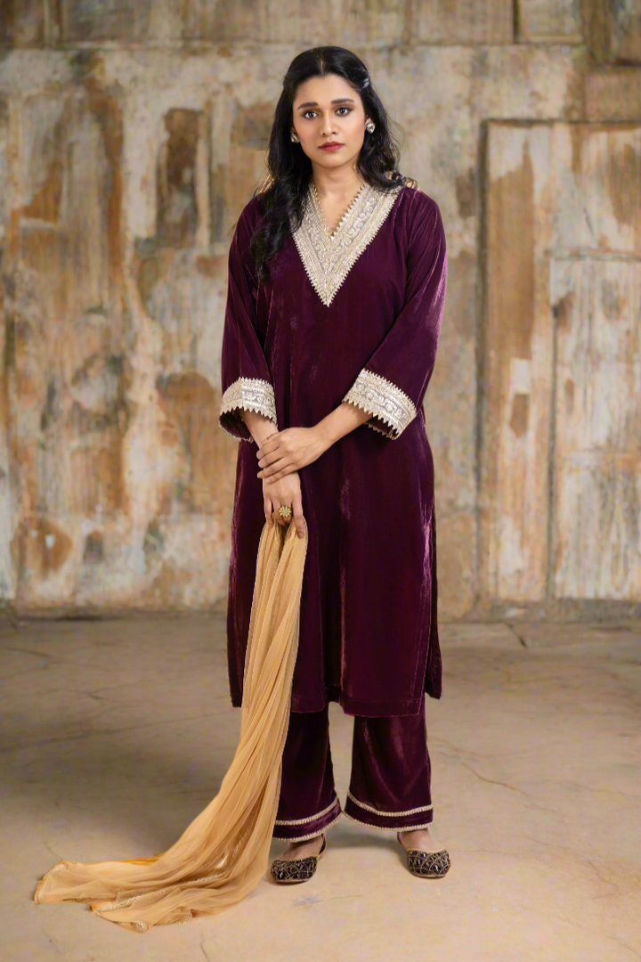 Amara – Deep Plum Velvet Kurta Set with Dupatta, exquisite embroidery