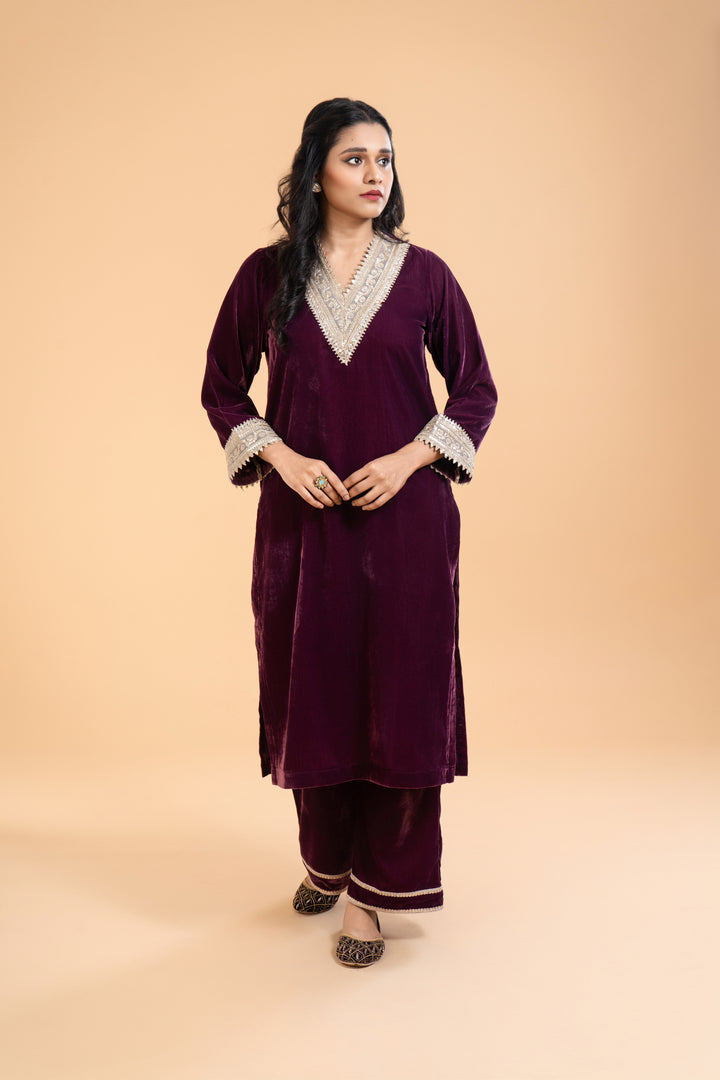 Amara – Deep Plum Velvet Kurta Set with Dupatta, exquisite embroidery