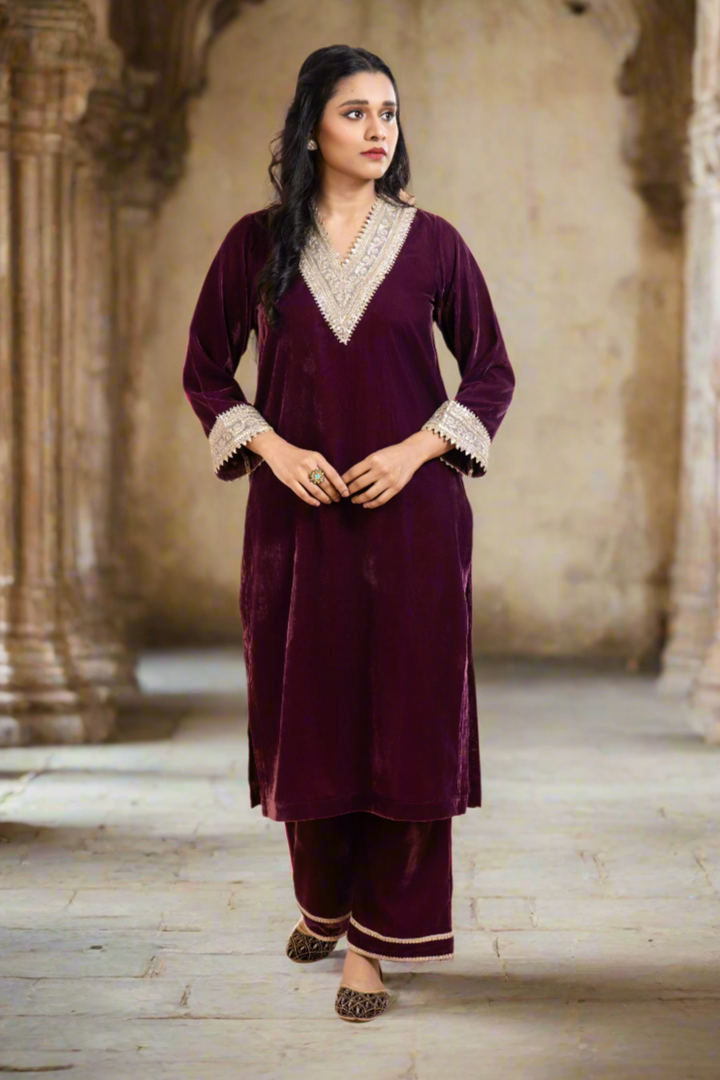 Amara – Deep Plum Velvet Kurta Set, exquisite embroidery