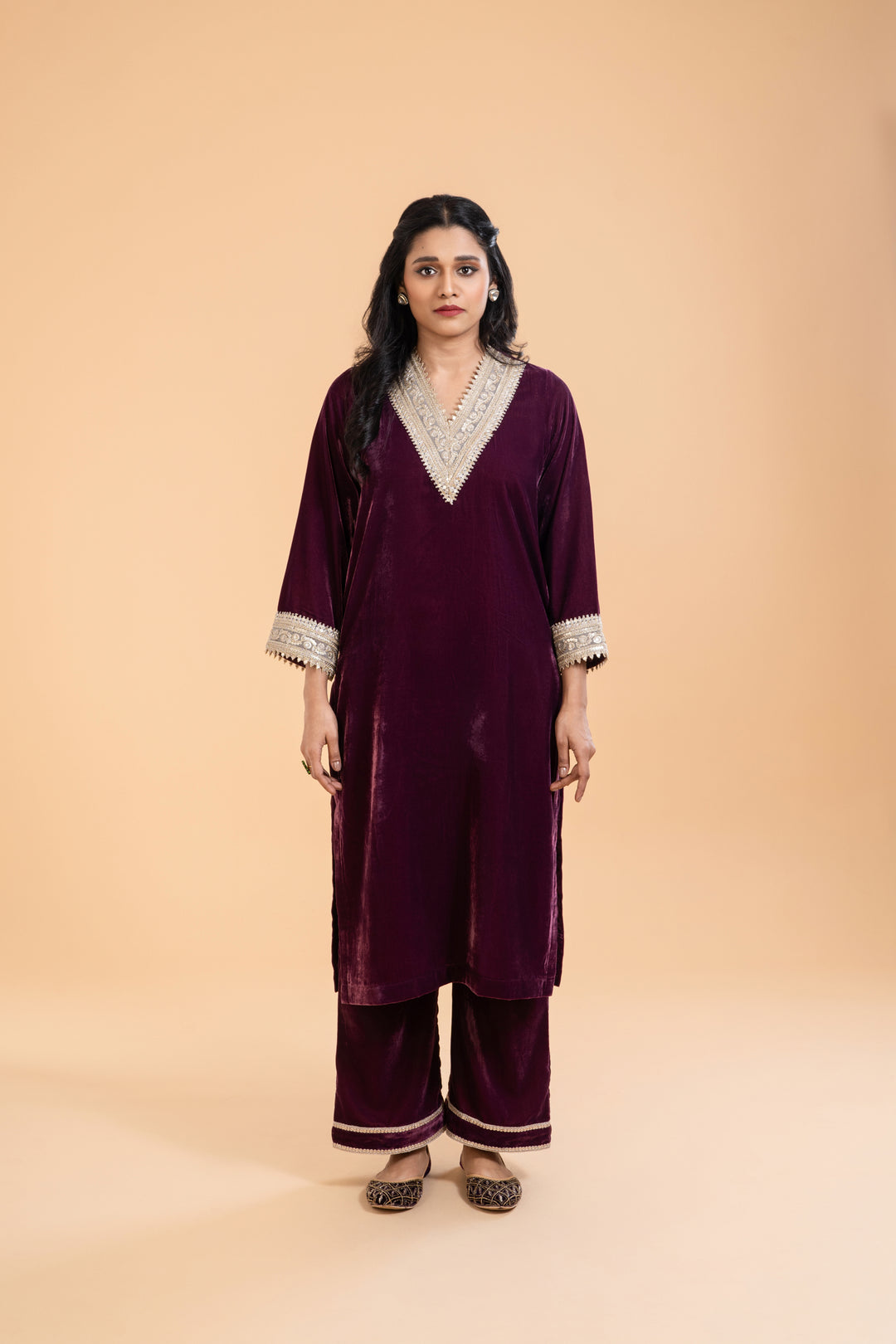 Amara – Deep Plum Velvet Kurta Set, exquisite embroidery