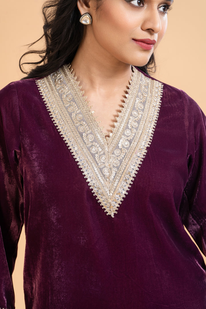 Amara – Deep Plum Velvet Kurta Set with Dupatta, exquisite embroidery