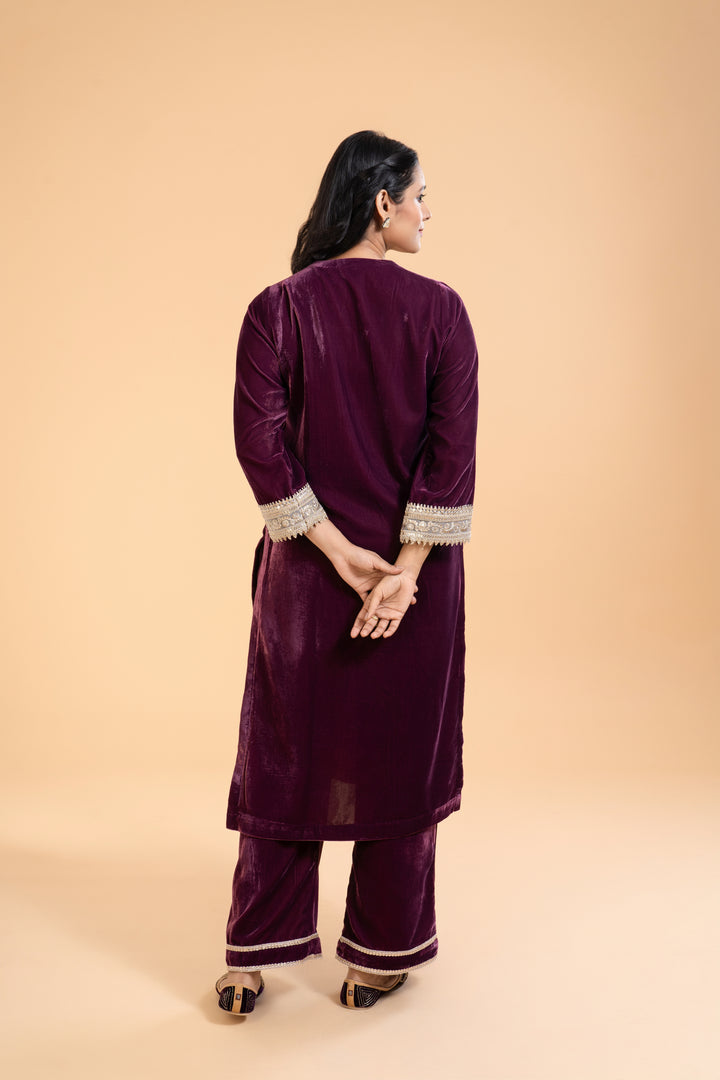 Amara – Deep Plum Velvet Kurta Set with Dupatta, exquisite embroidery