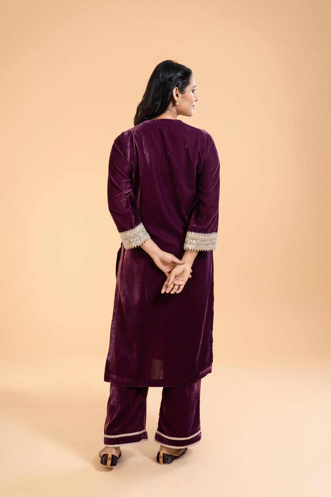 Amara – Deep Plum Velvet Kurta Set, exquisite embroidery