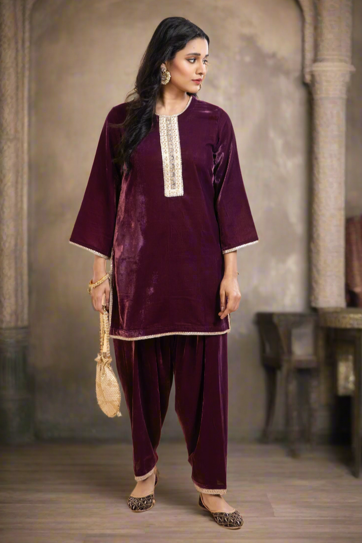 Mahira – Antique Deep Plum Velvet Kurta with Salwar