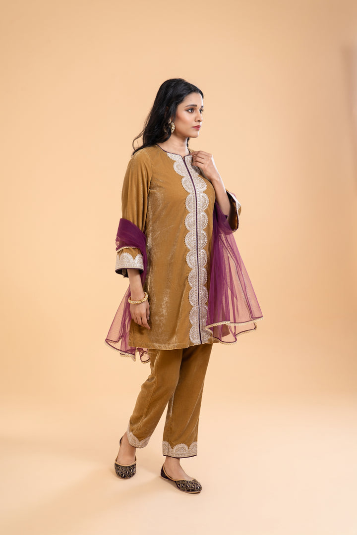 Ruqsar – Mustard Gold Velvet Kurta Set with Plum Dupatta, Straight Cut Kurta, Embroidery