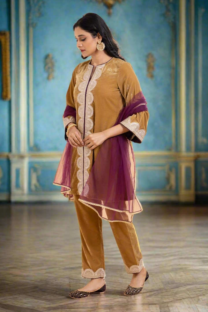 Ruqsar – Mustard Gold Velvet Kurta Set with Plum Dupatta, Straight Cut Kurta, Embroidery