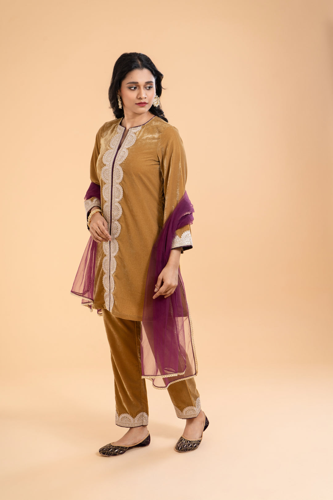 Ruqsar – Mustard Gold Velvet Kurta Set with Plum Dupatta, Straight Cut Kurta, Embroidery