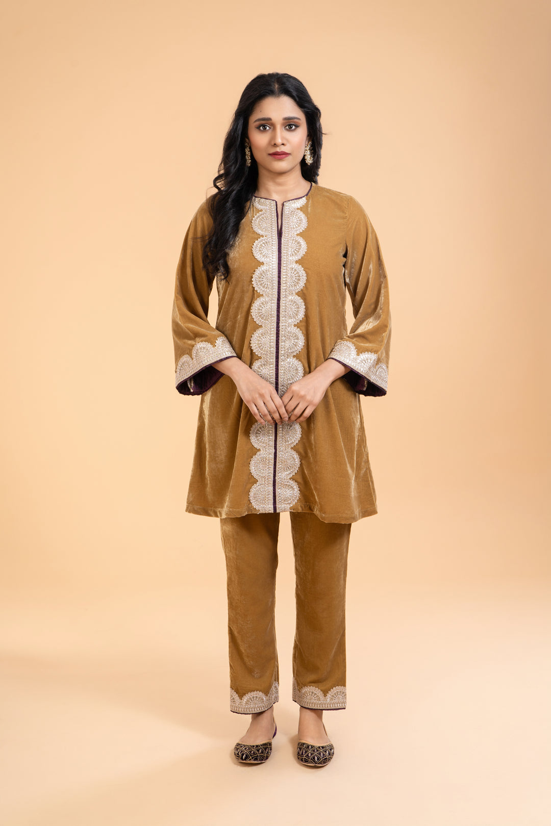 Ruqsar – Mustard Gold Velvet Kurta Set with Plum Dupatta, Straight Cut Kurta, Embroidery