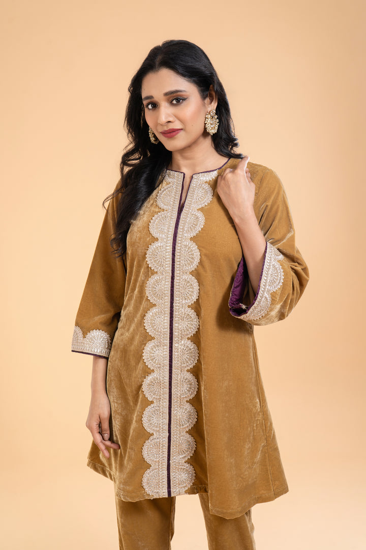 Ruqsar – Mustard Gold Velvet Kurta Set with Plum Dupatta, Straight Cut Kurta, Embroidery