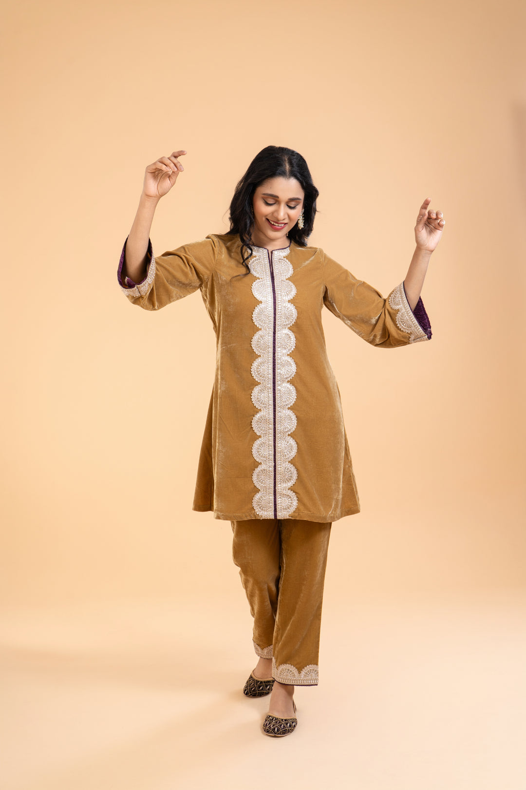 Ruqsar – Mustard Gold Velvet Kurta Set with Plum Dupatta, Straight Cut Kurta, Embroidery