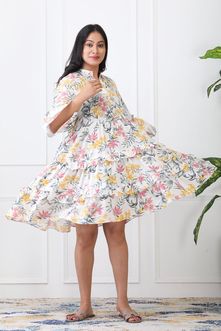 Woman wearing a floral dress with a white background