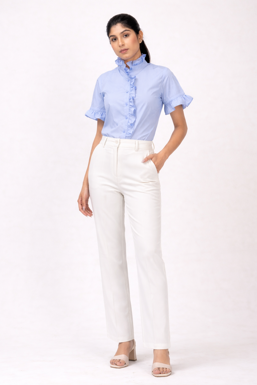 The Structured Ruffle Shirt - Powder Blue