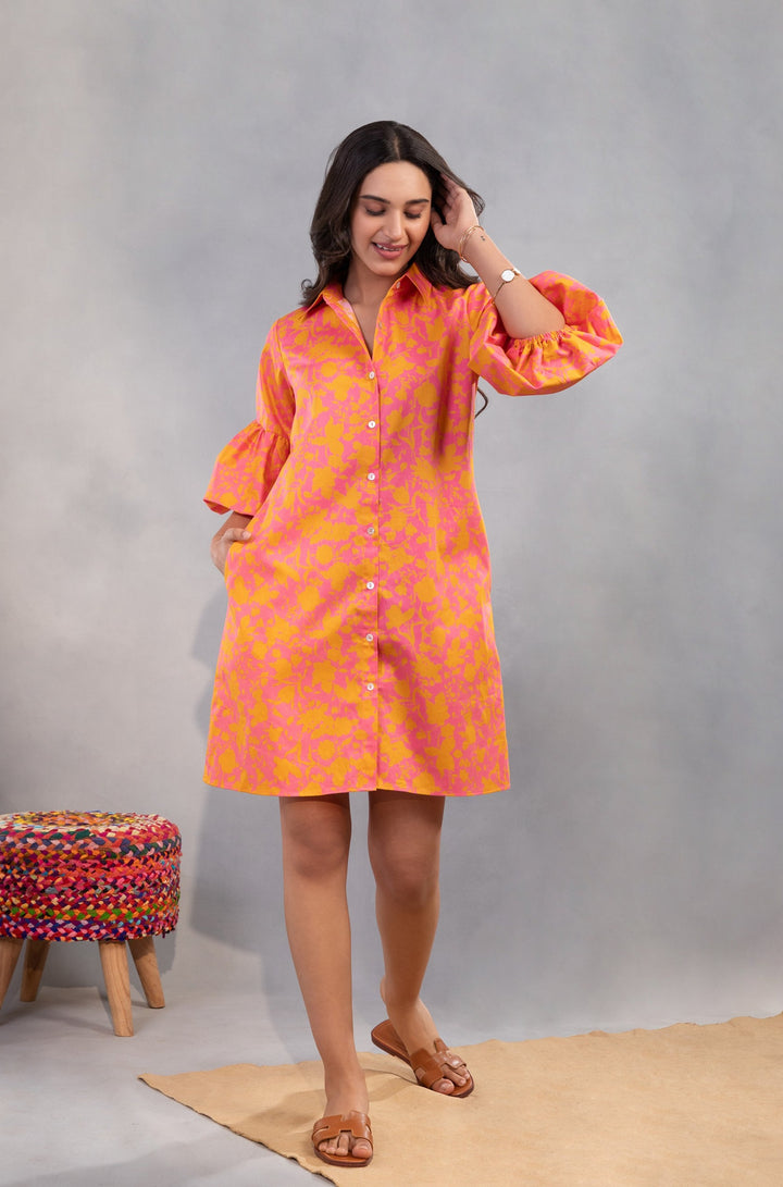 AIMEE - The Orange/Pink Color-pop Dress in Cotton with Ruffle Sleeves