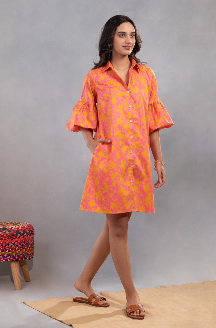 AIMEE - The Orange/Pink Color-pop Dress in Cotton with Ruffle Sleeves