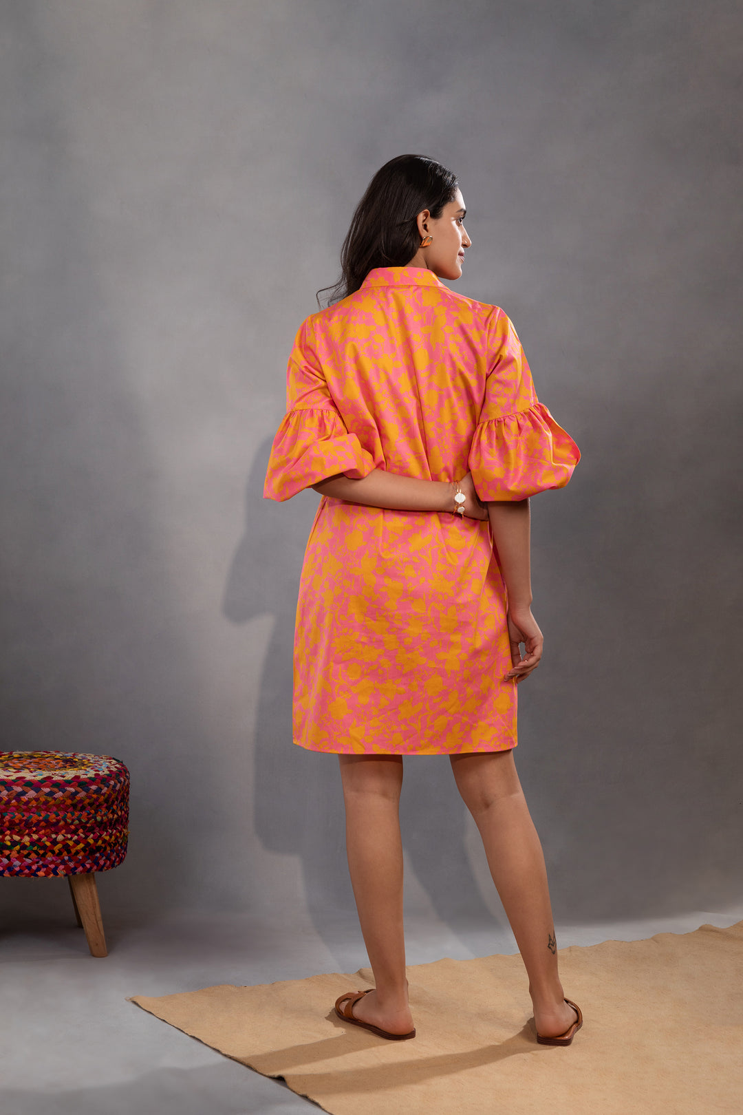 AIMEE - The Orange/Pink Color-pop Dress in Cotton with Ruffle Sleeves