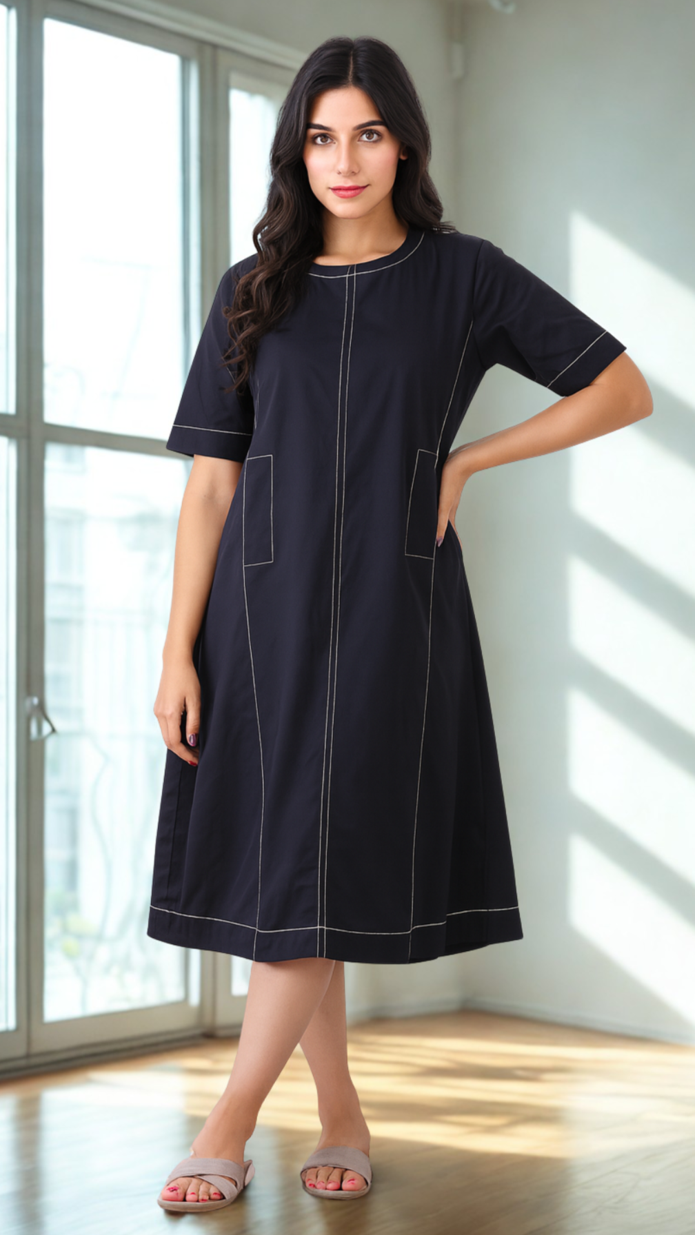 Woman wearing a black dress with white stitching in a bright room.