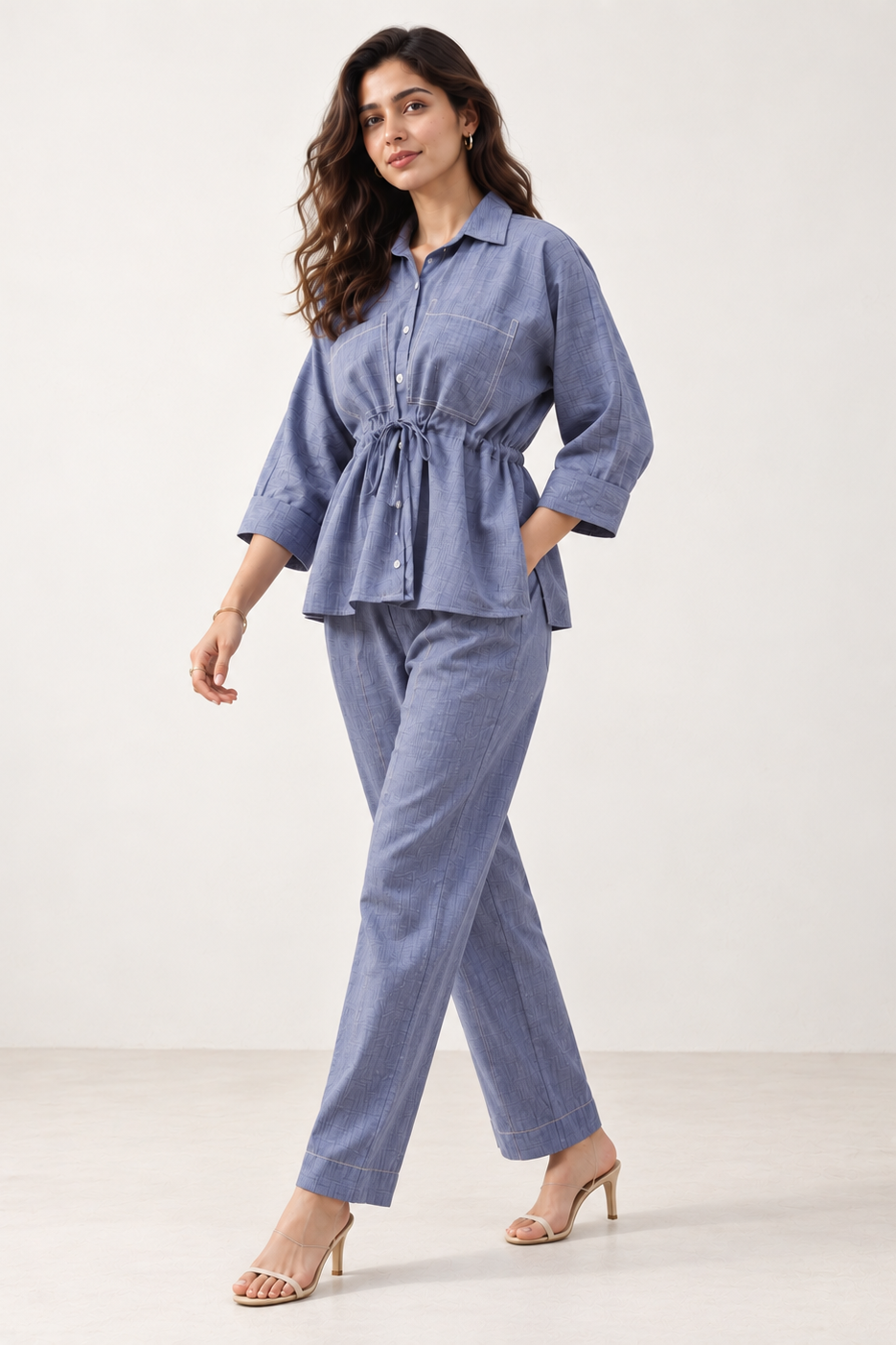Woman wearing the Alexis Denim Chambray Co-ord Set, view 3