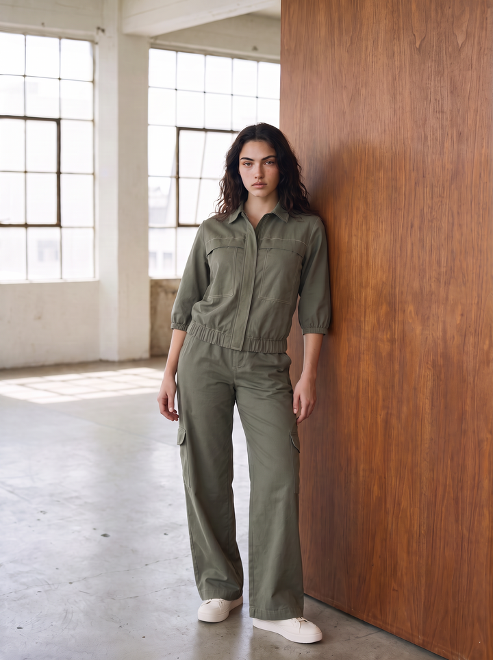 Alessia dark olive cotton-twill zip-up co-ord set for women – front view