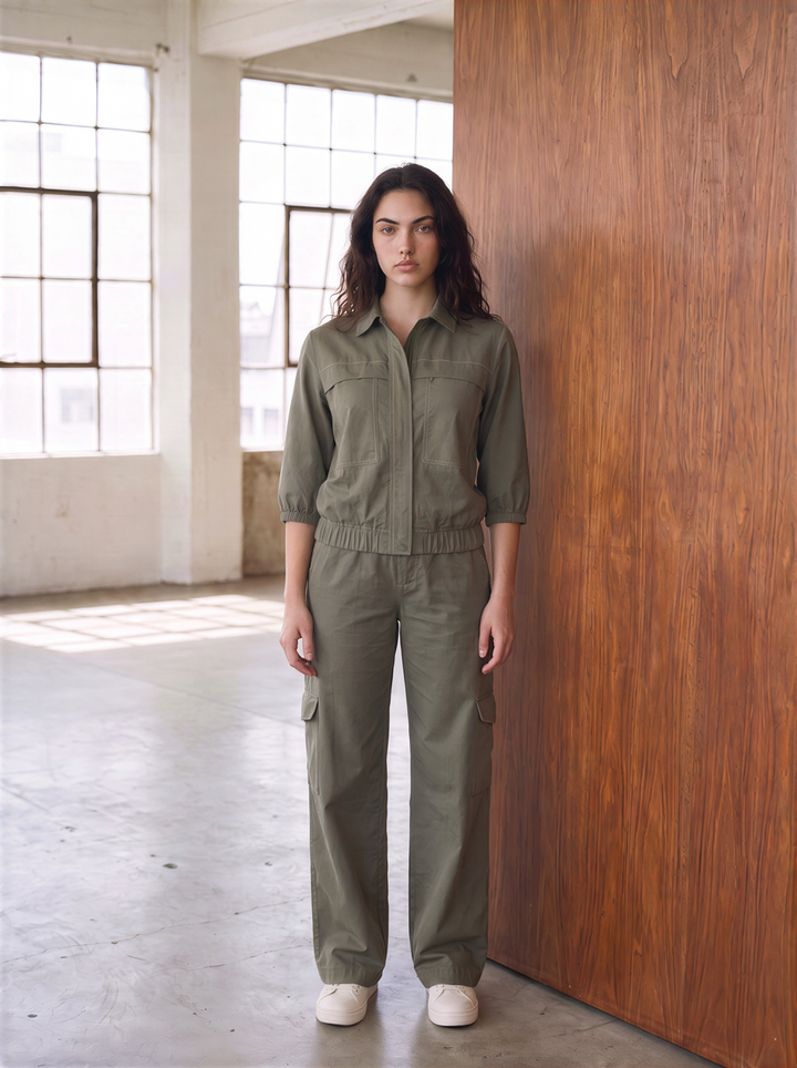 Alessia dark olive cotton-twill co-ord set – utility jacket and cargo trousers, view 2