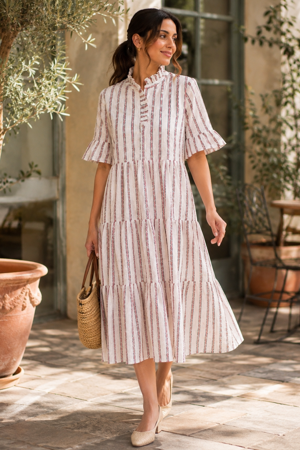 A woman wearing a tiered midi dress with vertical pink and white stripes, standing in a sunlit outdoor patio setting with potted plants.