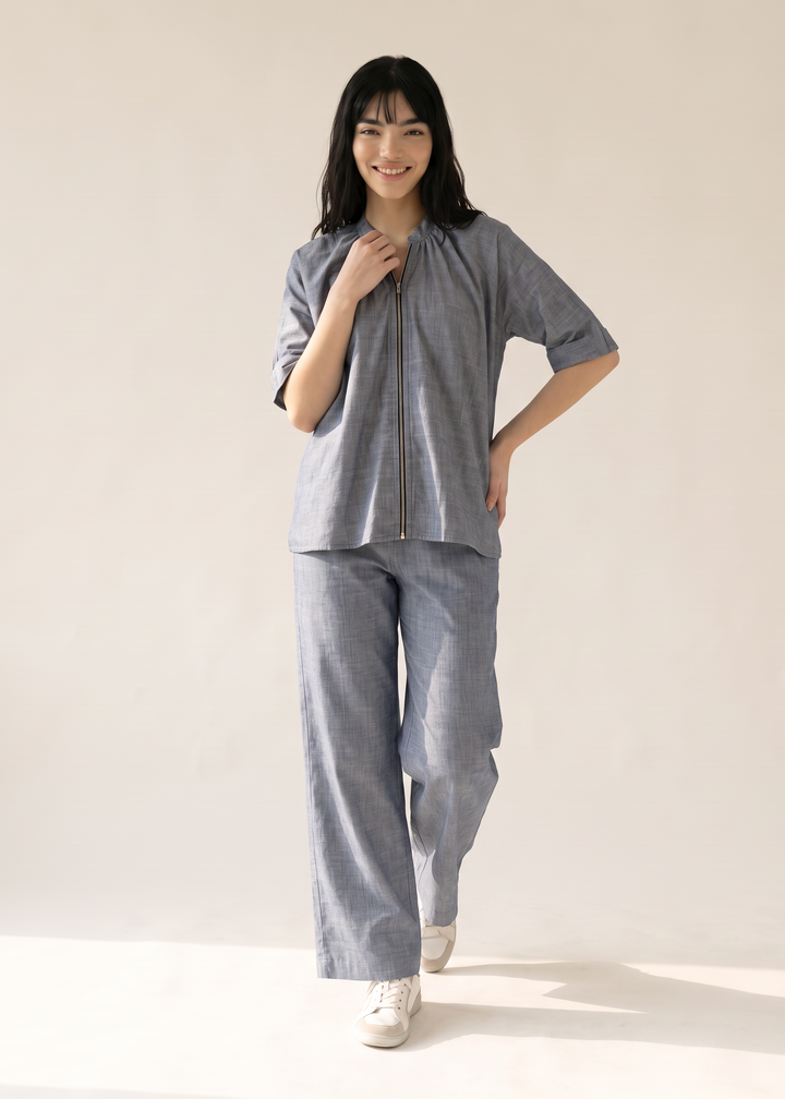Margot zip jacket with gathered band collar, worn with matching wide-leg trousers