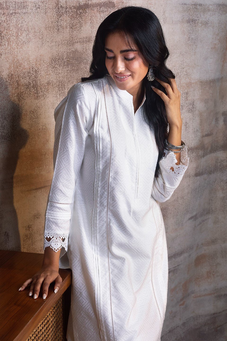 ZAHRA - White Co-ord in Cotton with pleats and lace detailing