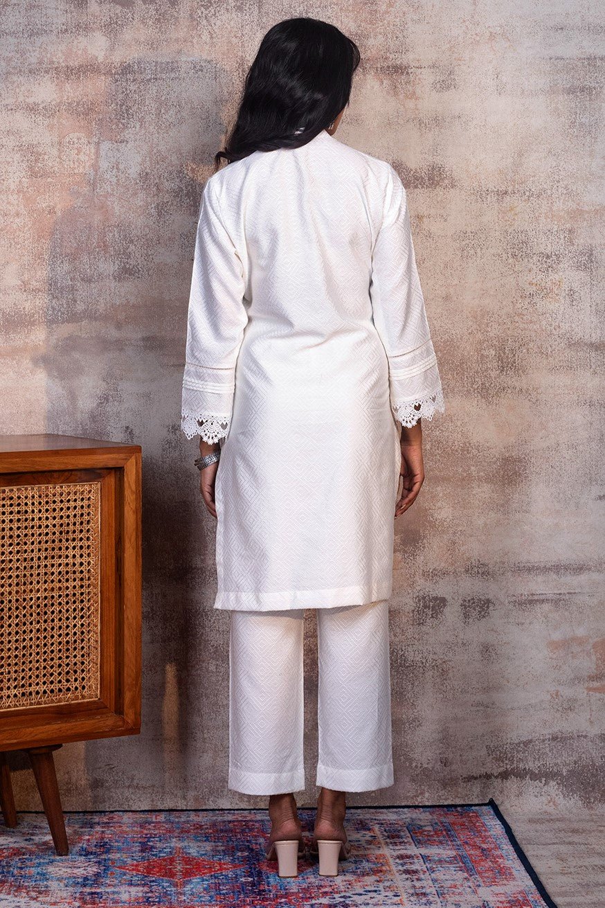 ZAHRA - White Co-ord in Cotton with pleats and lace detailing