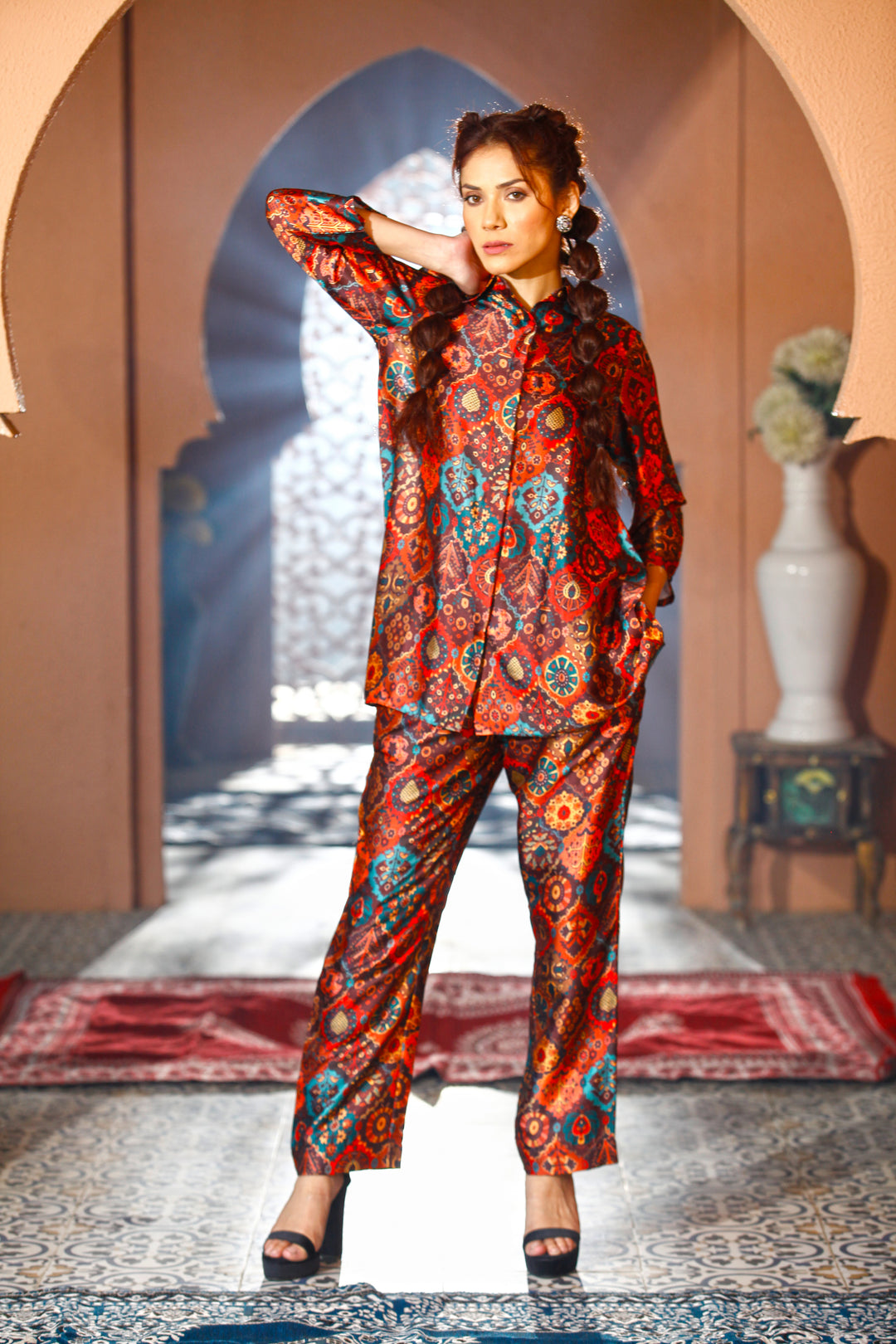 COSIMA  - Brown Satin Moroccan Co-ord Set